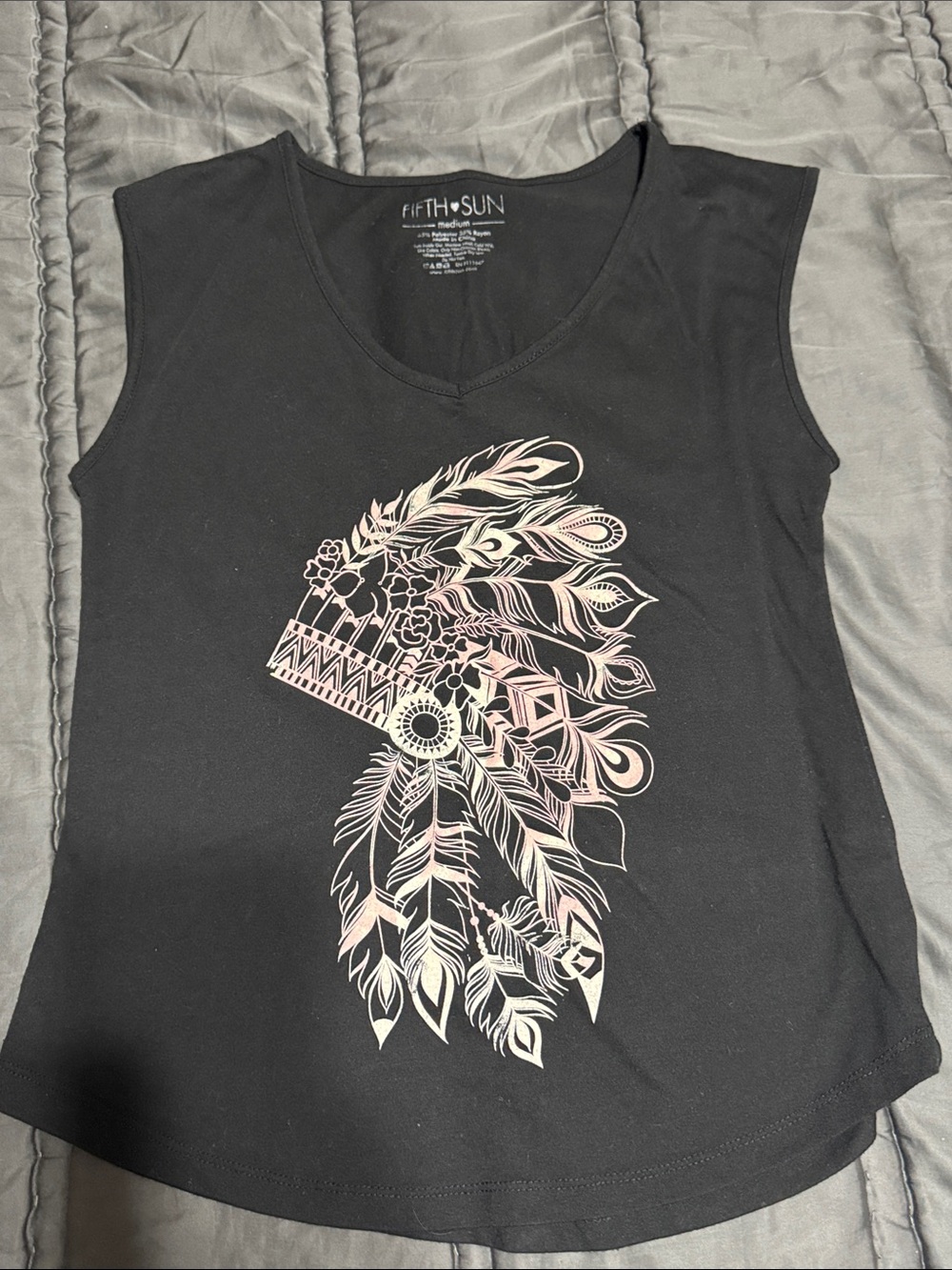 Fifth Sun Black V-Neck Tank with Pink Feather Headdress Graphic